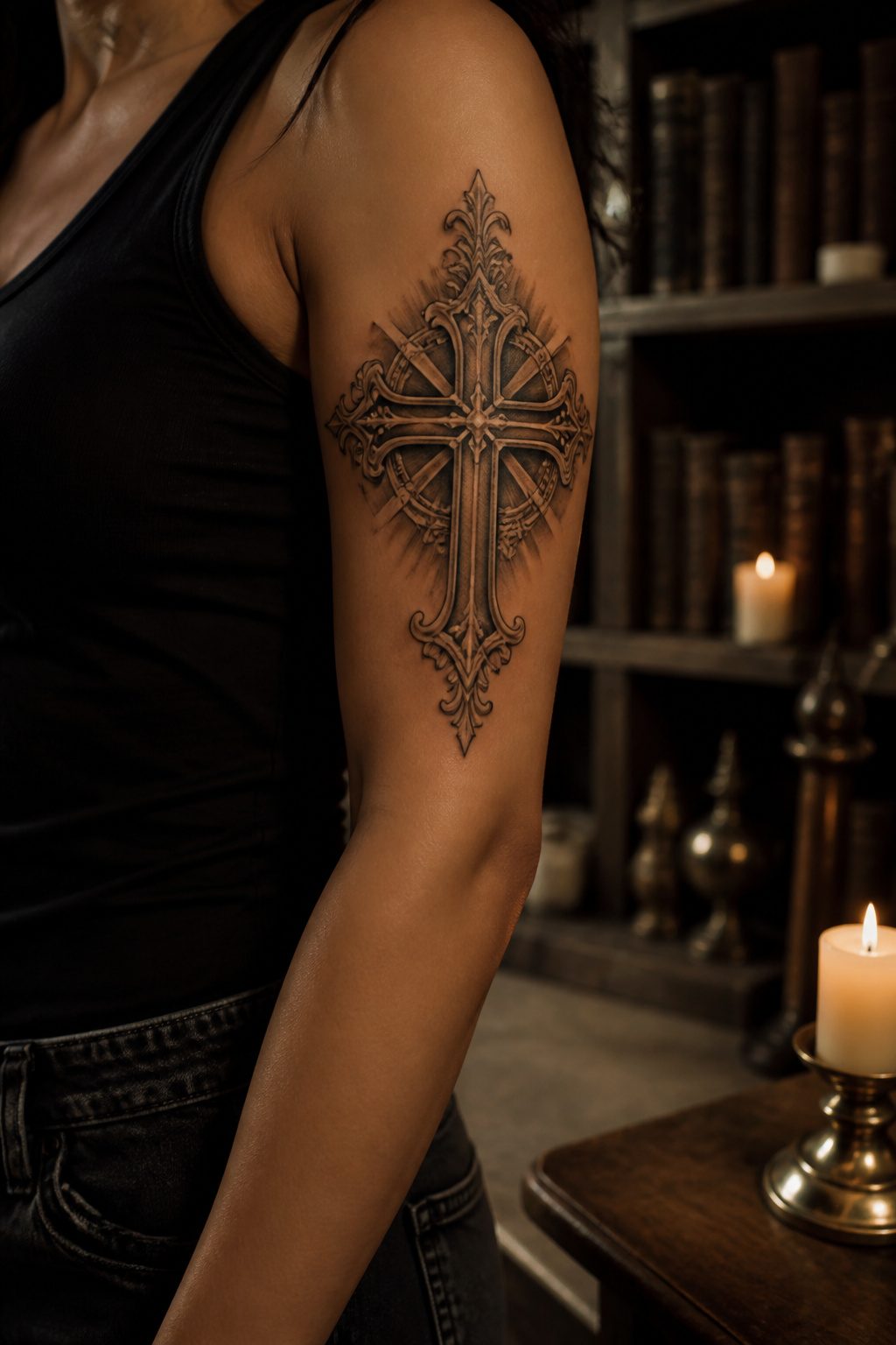 A detailed crucifix tattoo with filigree on the upper arm.