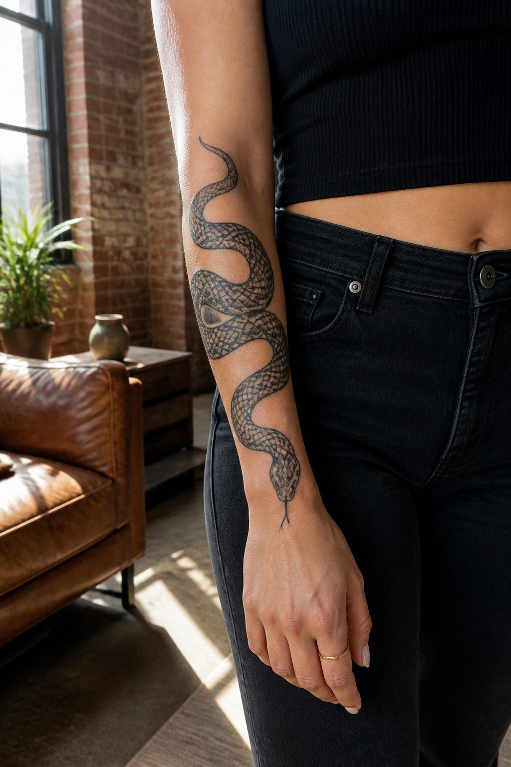A black snake tattoo with intricate scales wrapped around the forearm.