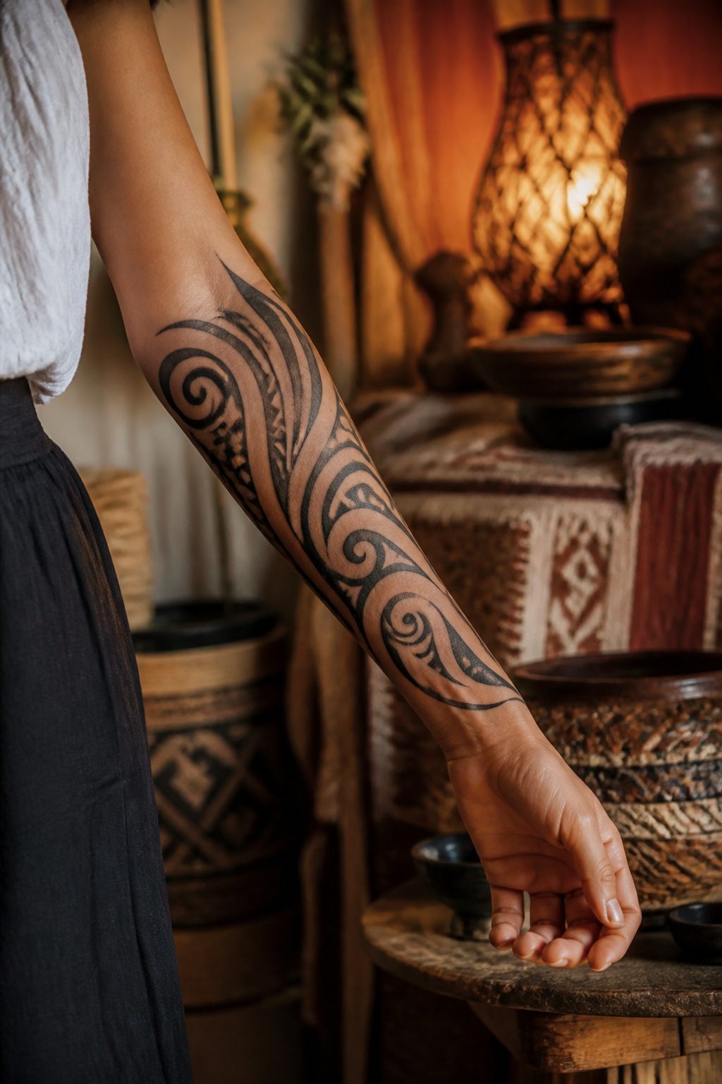 A tribal tattoo with black patterns dominating the outer forearm.