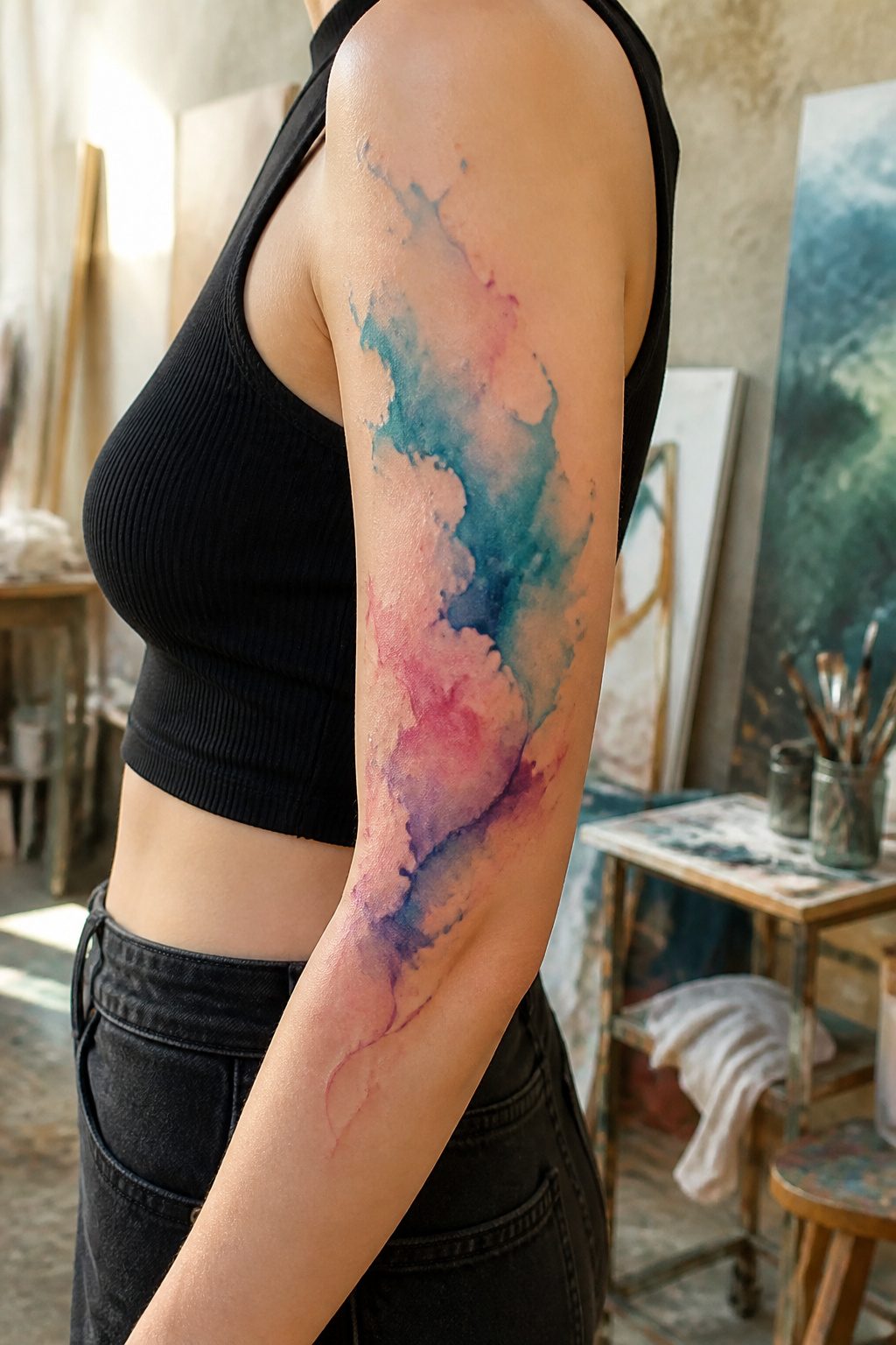 A colorful watercolor tattoo with turquoise and magenta hues on the upper arm.