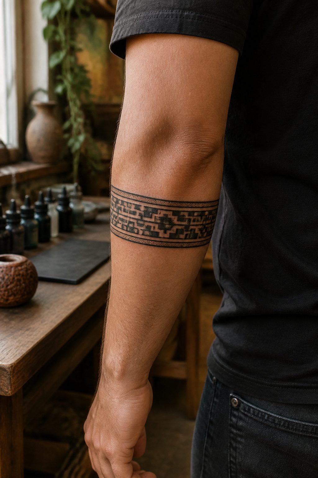 An Aztec armband tattoo with thick black lines and stippling.