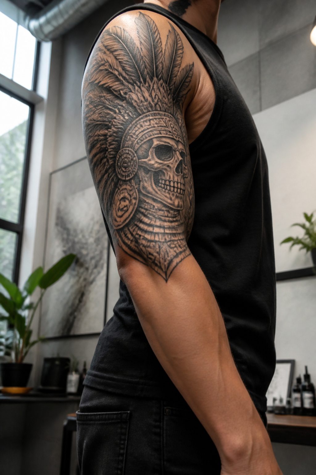 A bicep tattoo depicting a skull in warrior regalia.