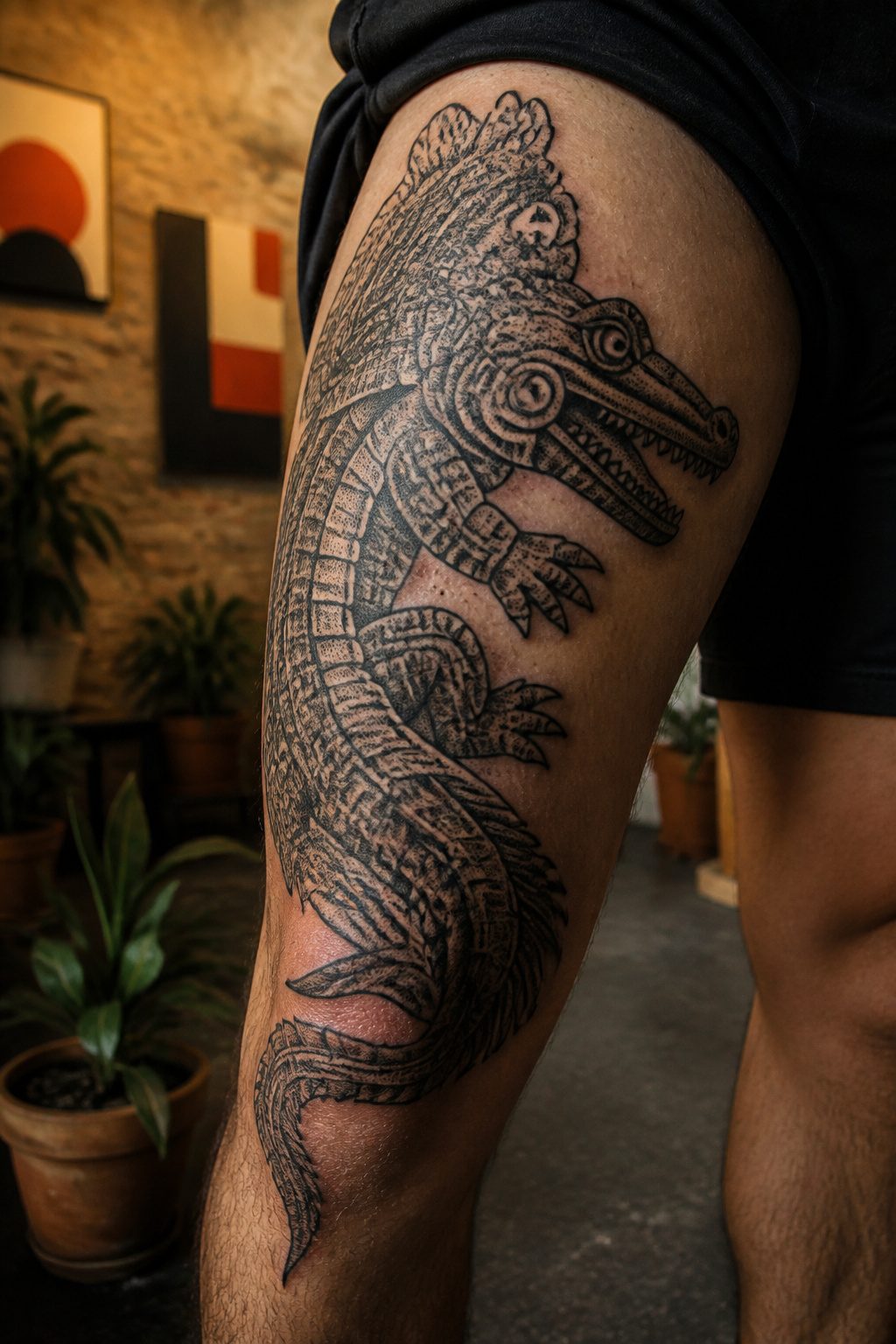 A tattoo of the crocodile Cipactli, representing creation.