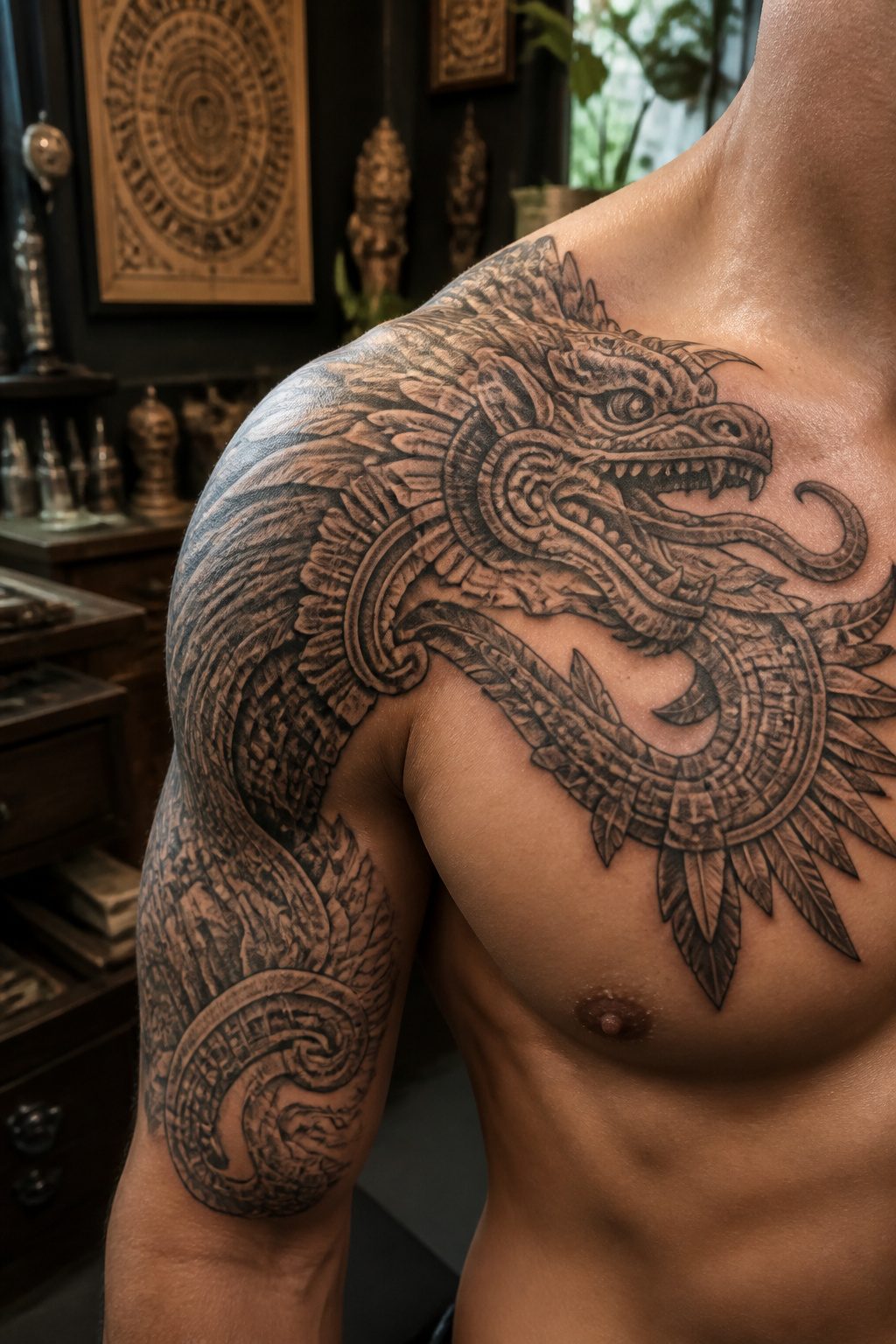 A tattoo of an Aztec dragon featuring scales and plumage.