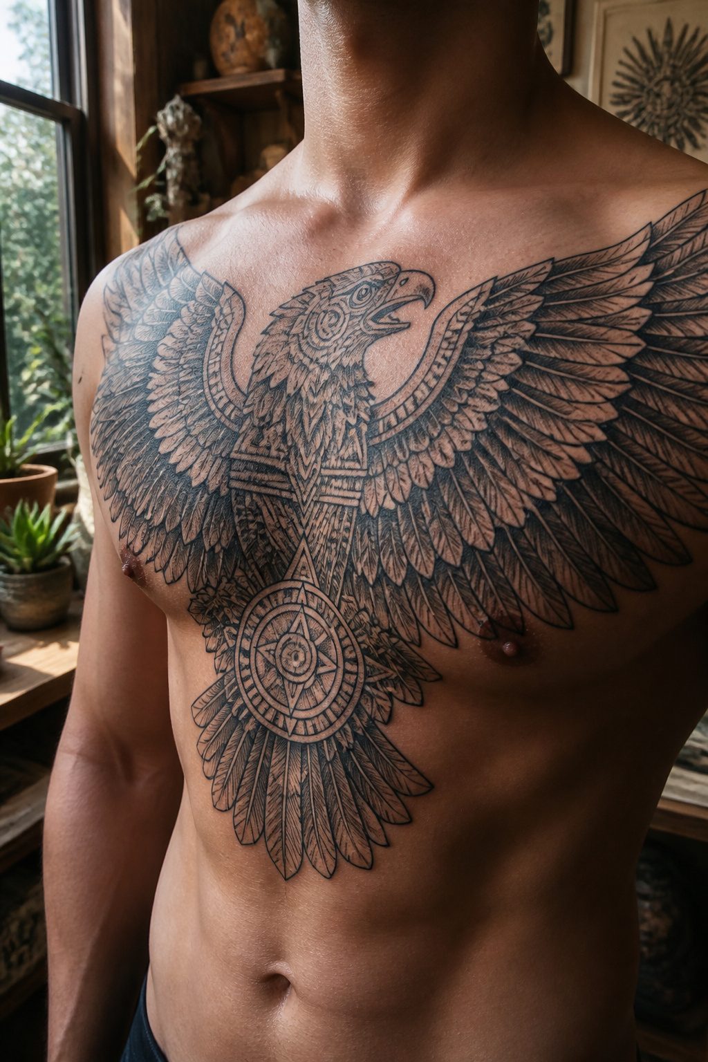 An eagle tattoo with raised feathers and open beak.