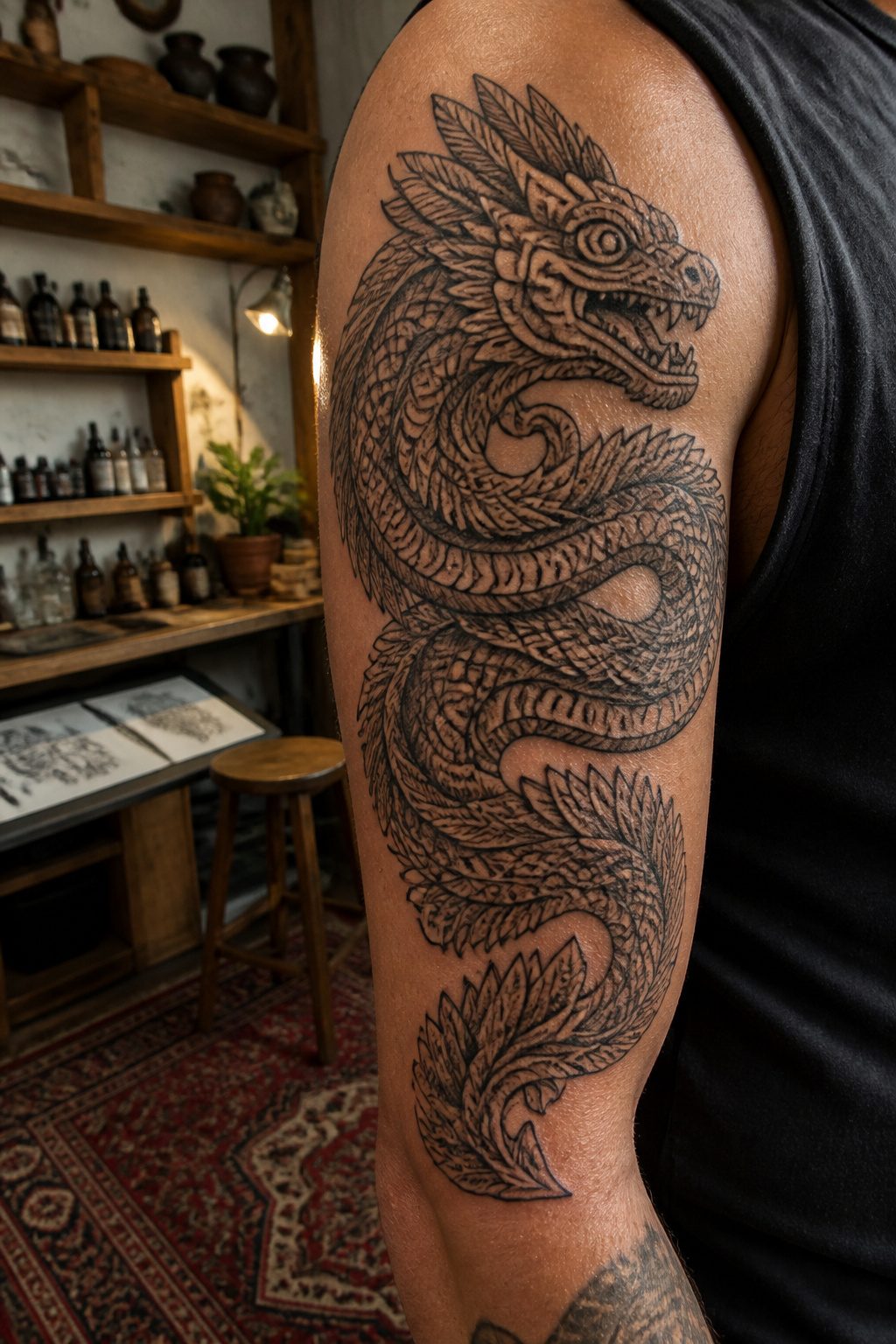 A feathered serpent tattoo depicting Quetzalcoatl with intricate details.