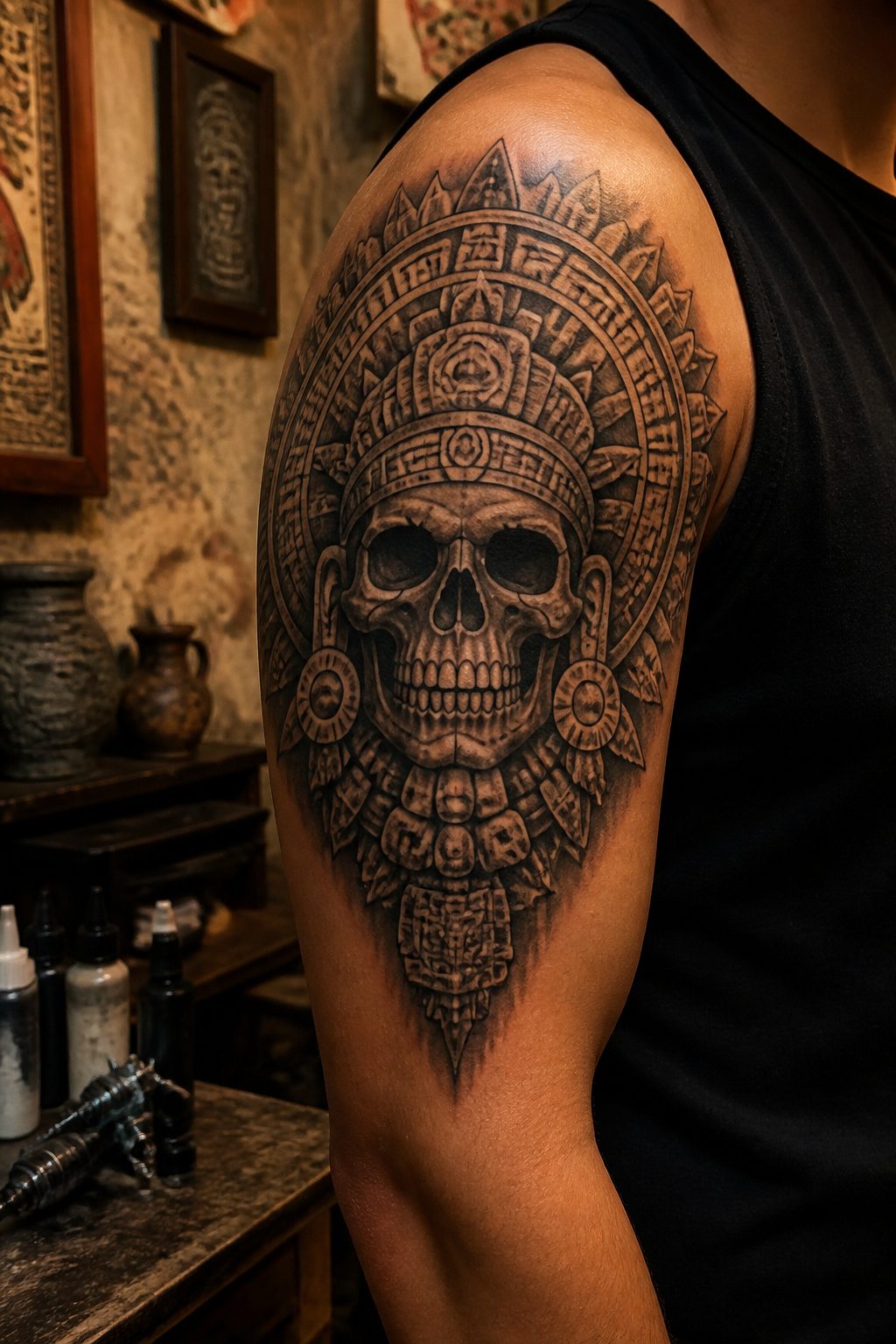 A skull tattoo of Mictlantecuhtli surrounded by sun motifs.