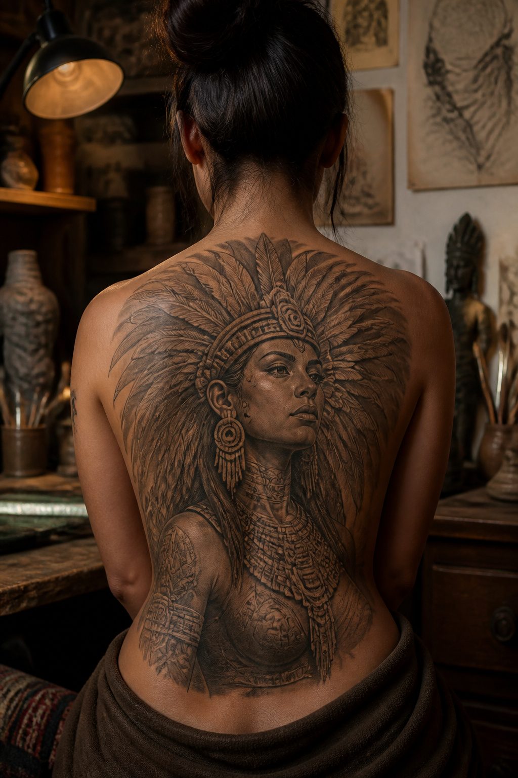 A tattoo of an Aztec princess with an elaborate headdress.