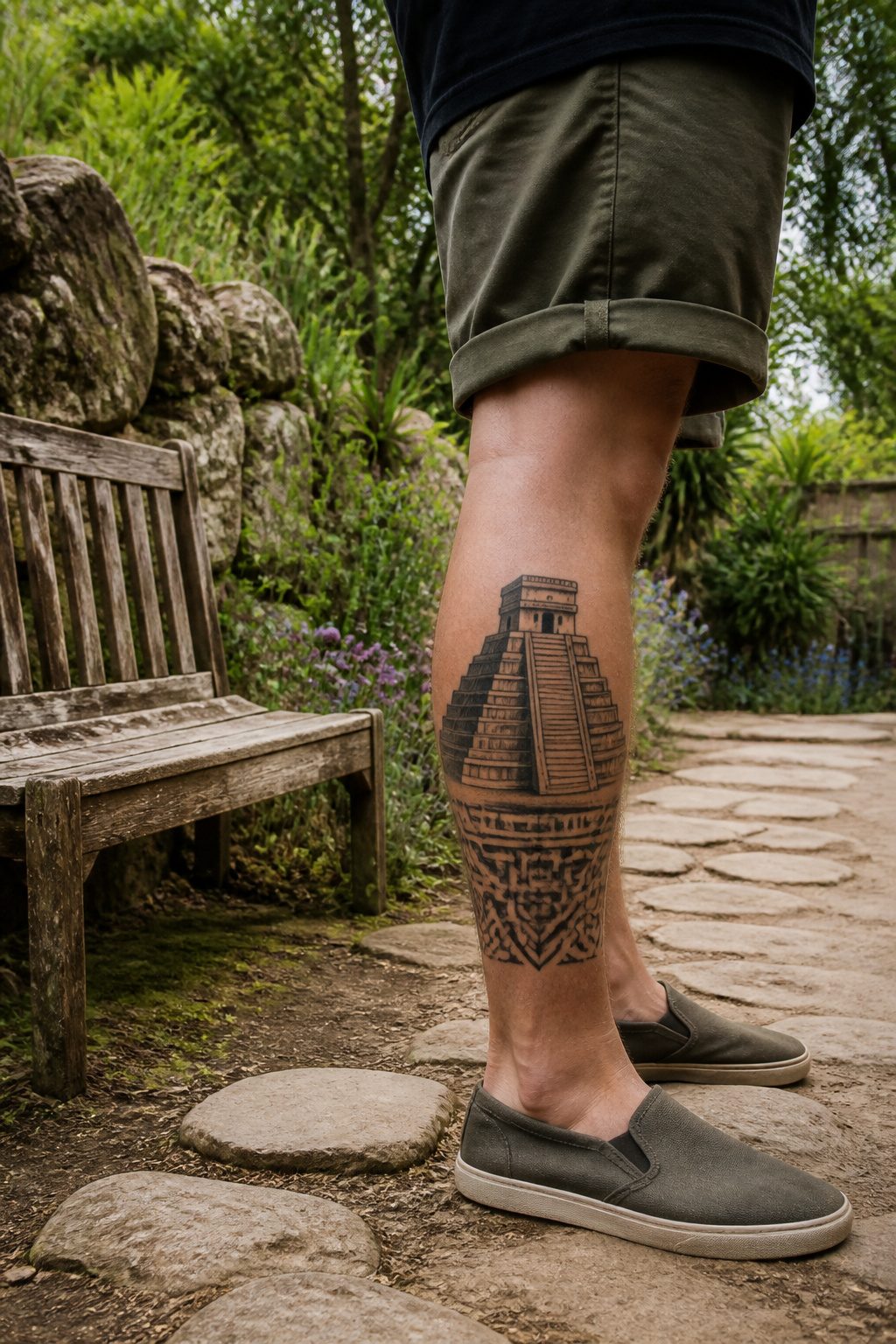 A stepped pyramid tattoo with a temple crown design.