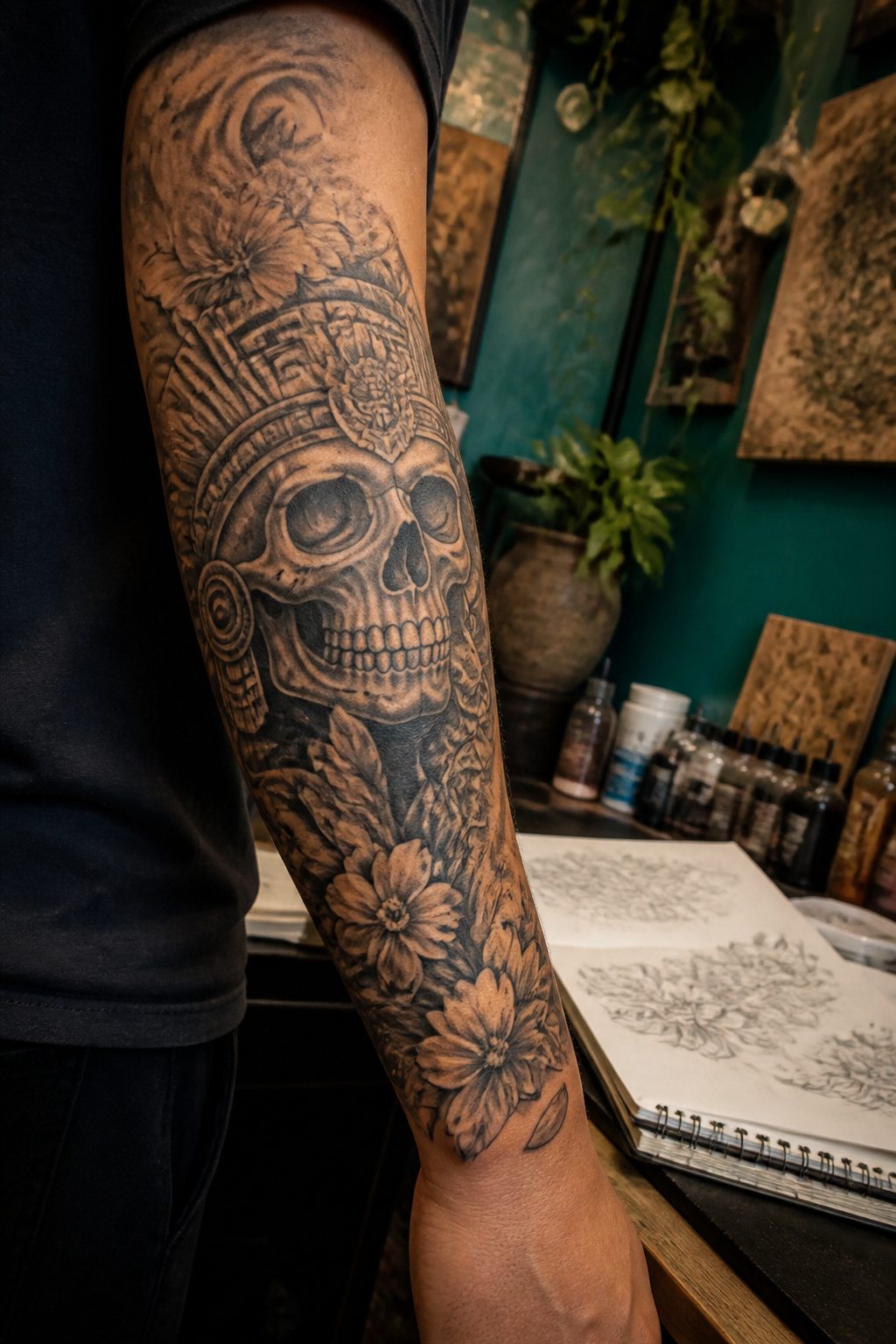 A skull tattoo adorned with floral elements for a softer look.