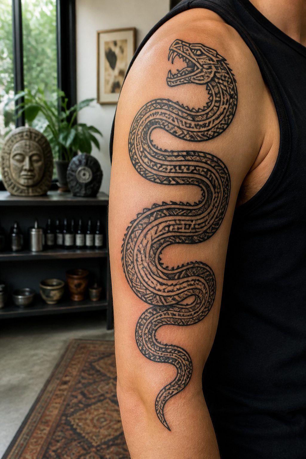 A coiled serpent tattoo with intricate patterning.