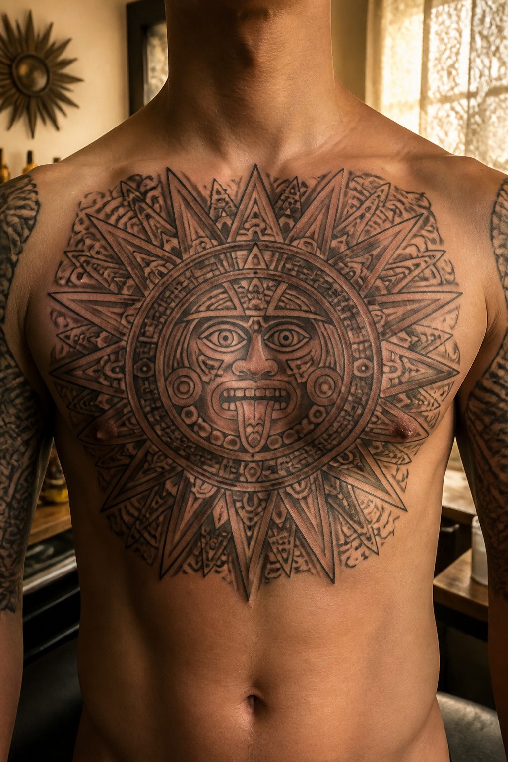 A tattoo of the Aztec sun god Tonatiuh with geometric rays.