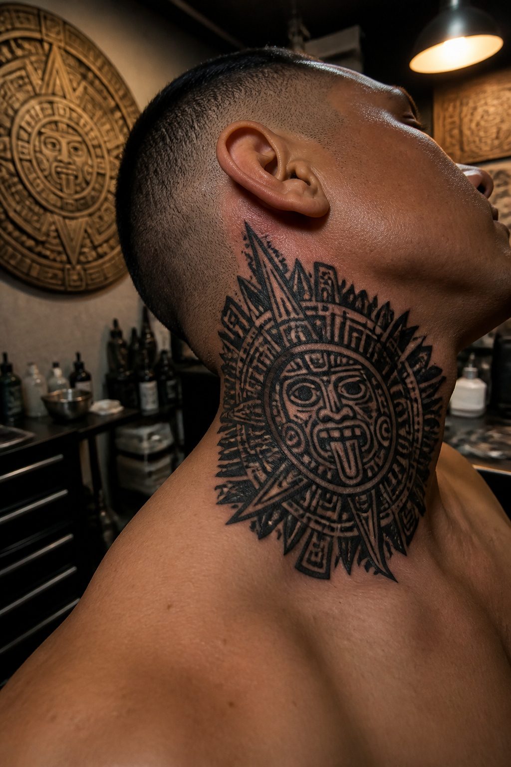 A tattoo of an Aztec warrior symbol with dense blackwork.