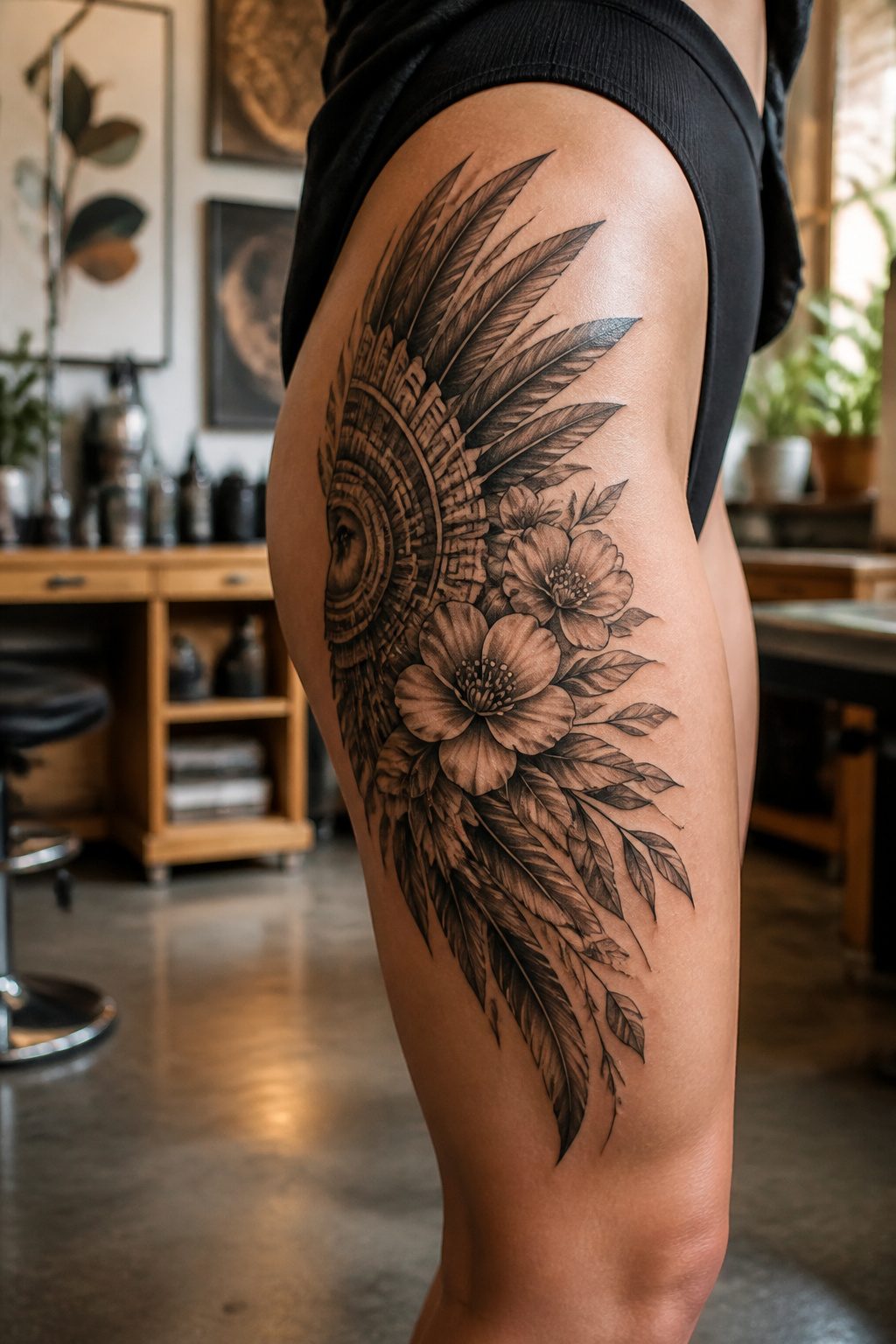 A tattoo featuring feathers and flowers in an Aztec-inspired design.