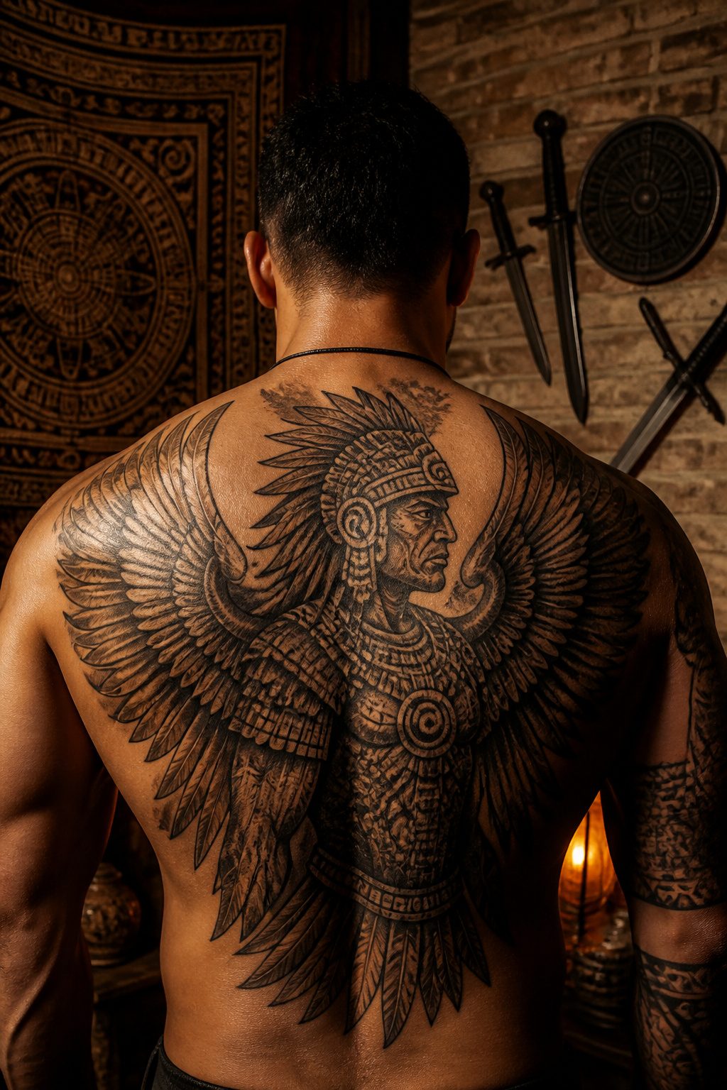 A tattoo depicting an Aztec warrior figure with eagle imagery.