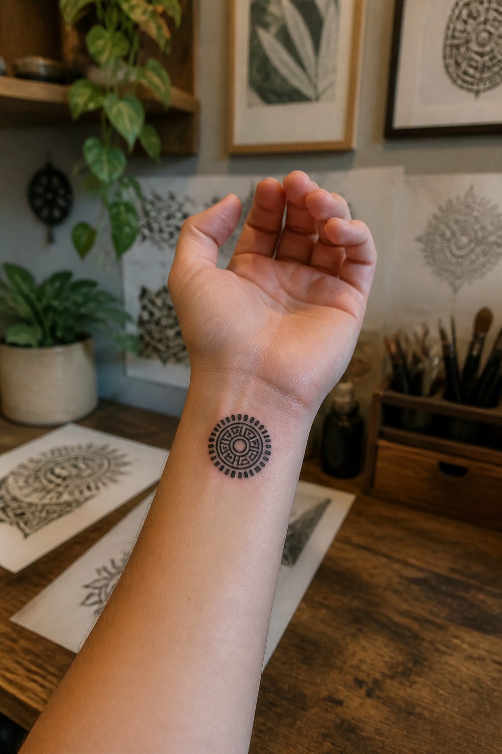 A simplified warrior's shield tattoo on the inner wrist.