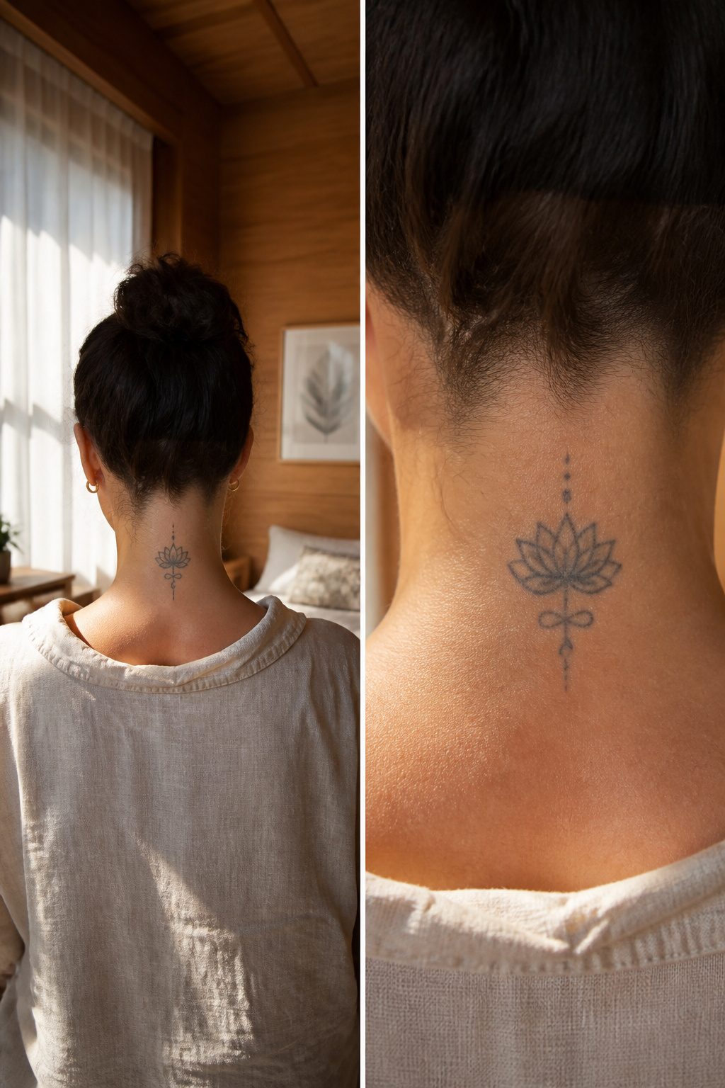 Tattoo on the back of the neck in soft light.