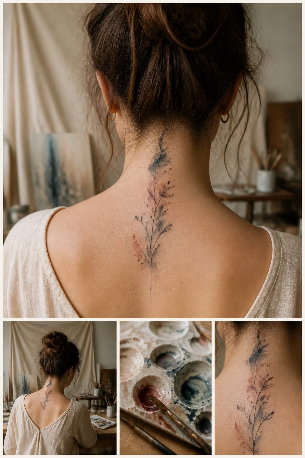 Tattoo of artistic designs located at the back of the neck.