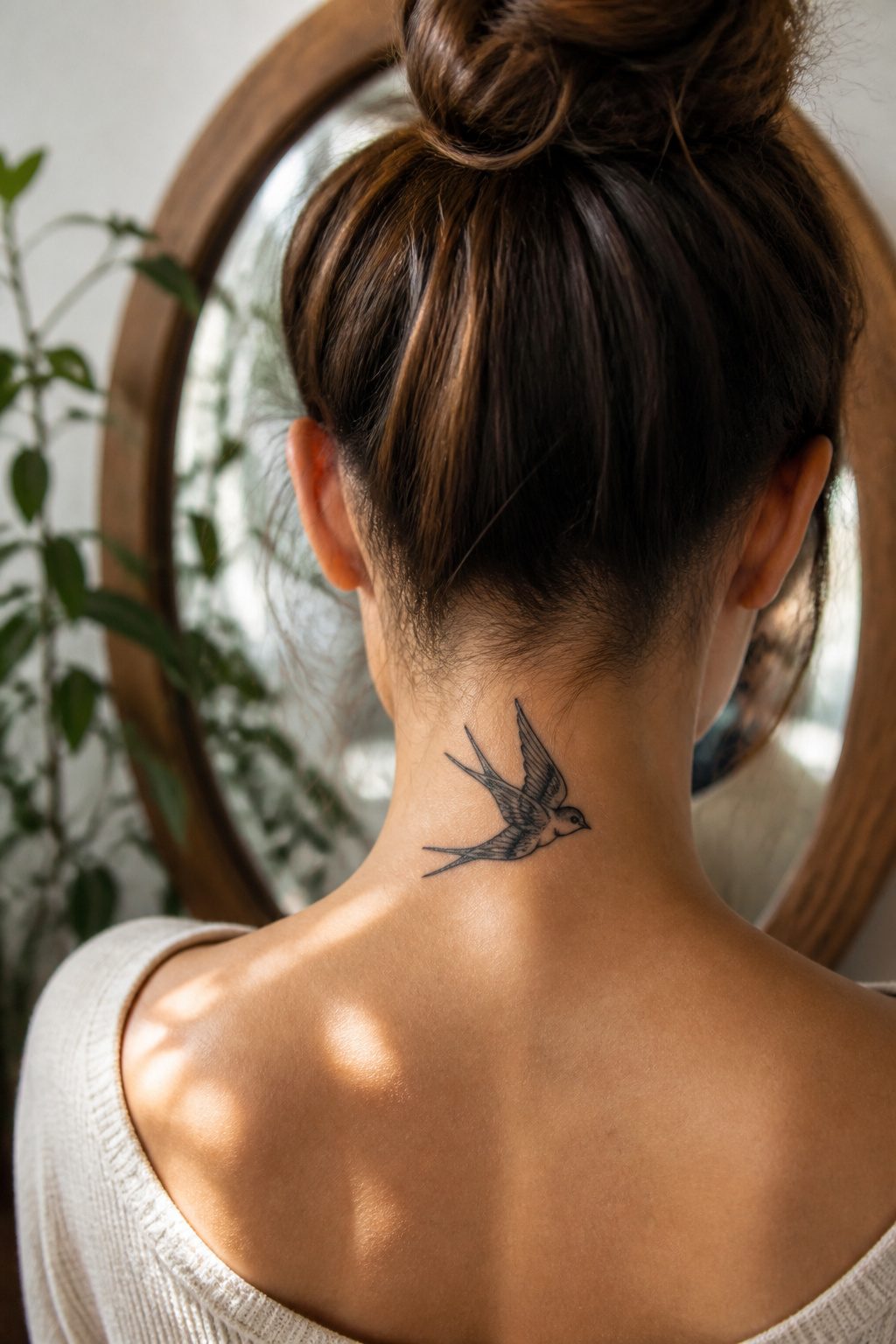 Tattoo of birds flying along the back of the neck.