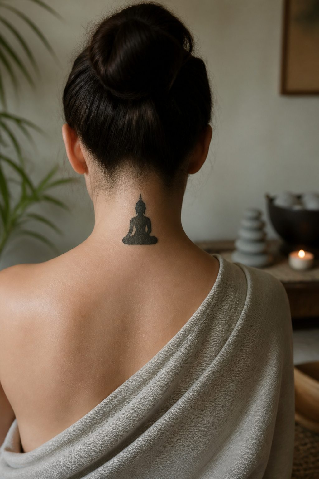 Tattoo of a Buddha image on the back of the neck.