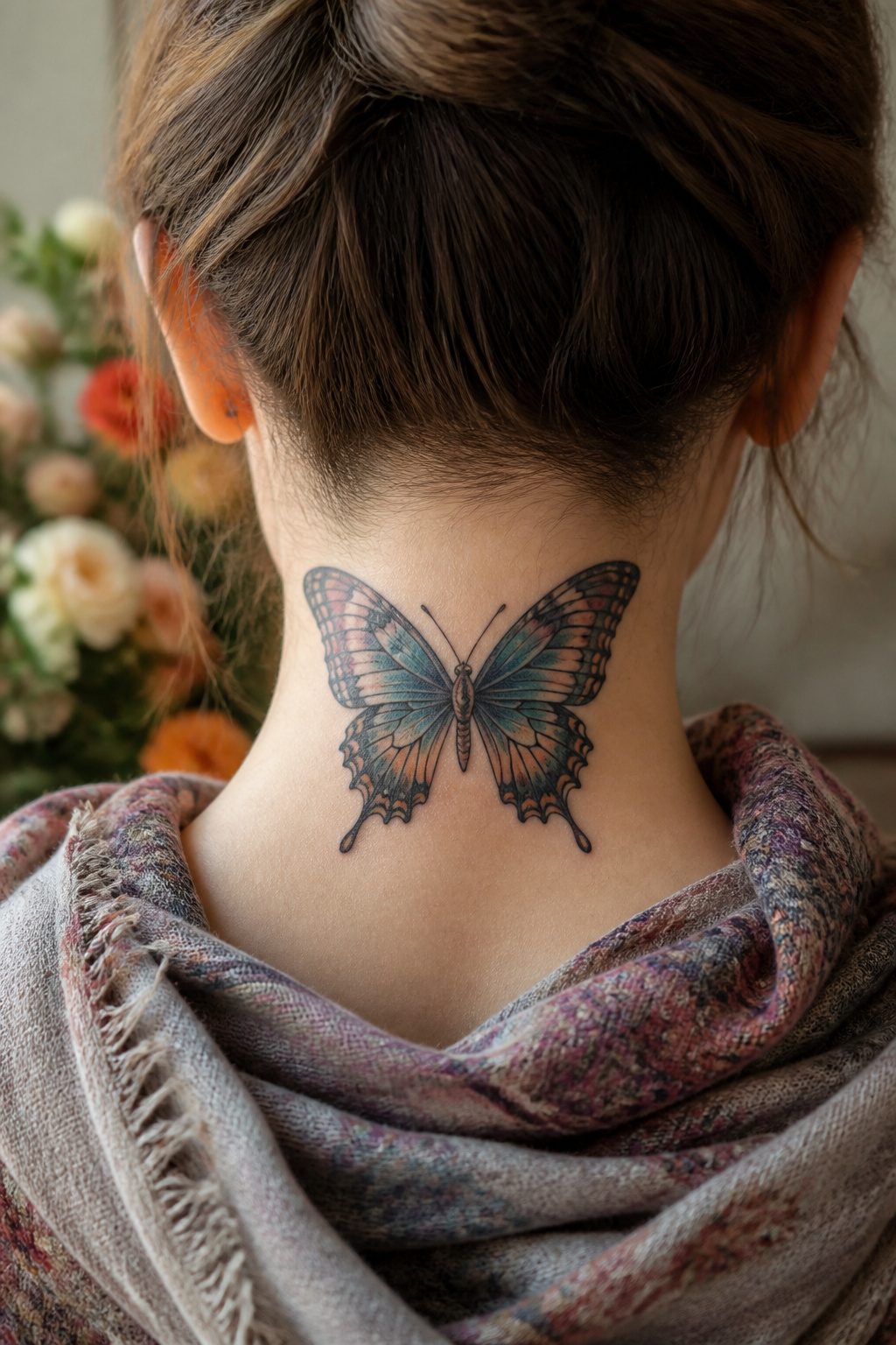 Tattoo of a butterfly on the back of the neck.