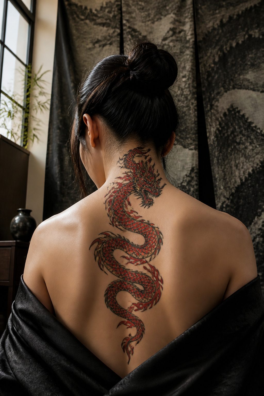 Tattoo of a dragon coiled around the back of the neck.