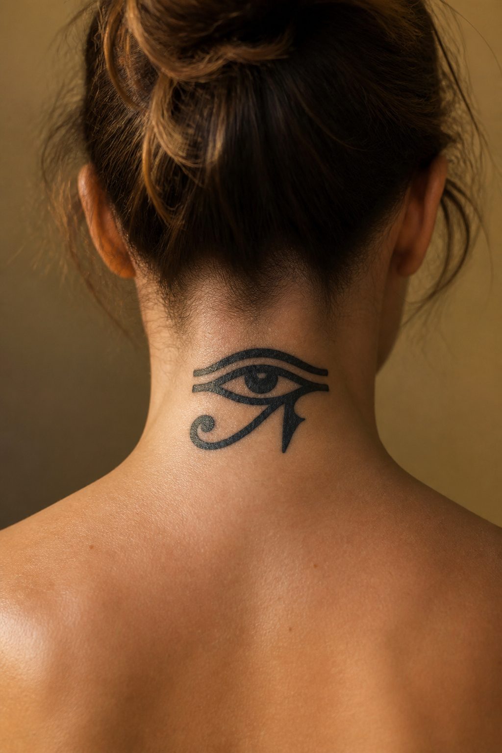 Tattoo of the Eye of Horus located at the back of the neck.