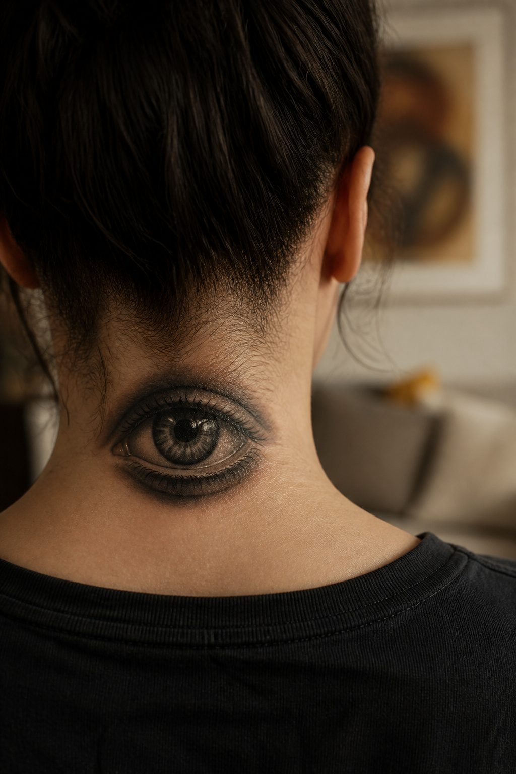 Tattoo of a single eye located at the back of the neck.