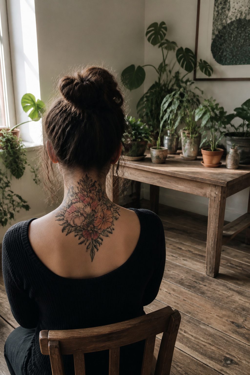 Tattoo of a bouquet on the back of the neck.