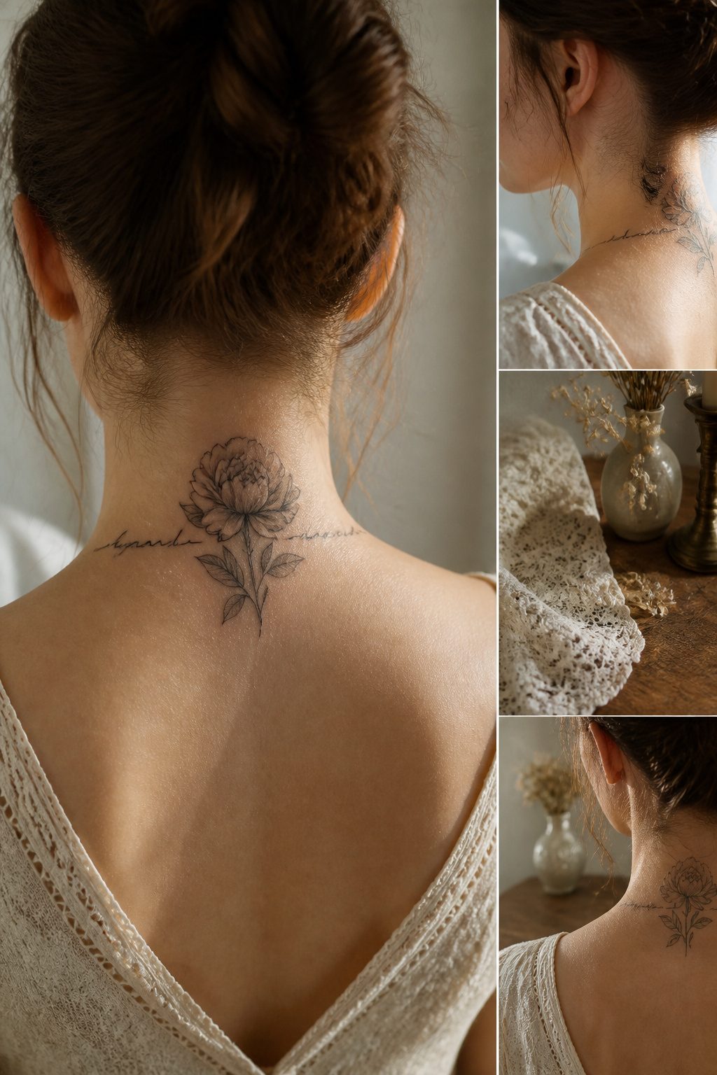 Tattoo of a flower with a quote at the back of the neck.