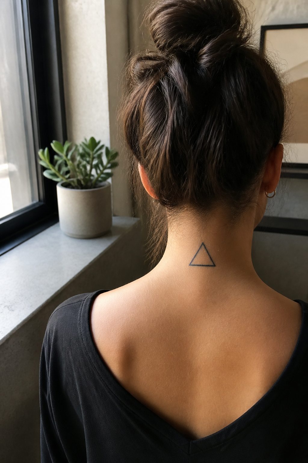 Geometric triangle tattoo positioned on the back of the neck.