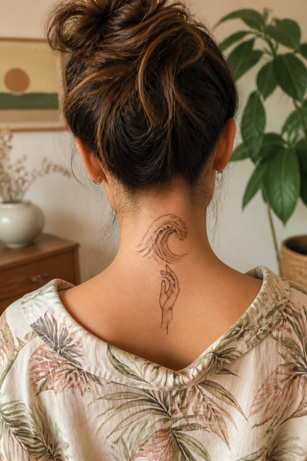 Tattoo of a hand and wave on the back of the neck.
