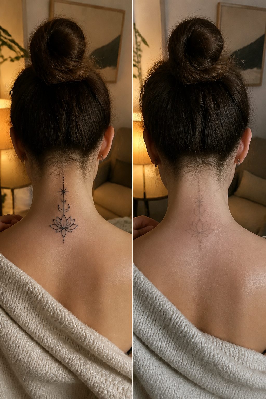 Matching tattoos located on the backs of two necks.