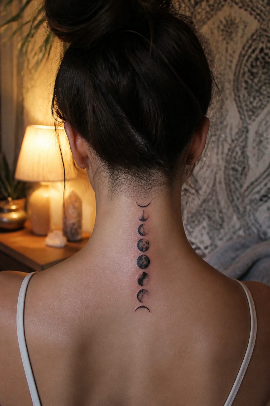 Tattoo depicting the phases of the moon on the back of the neck.