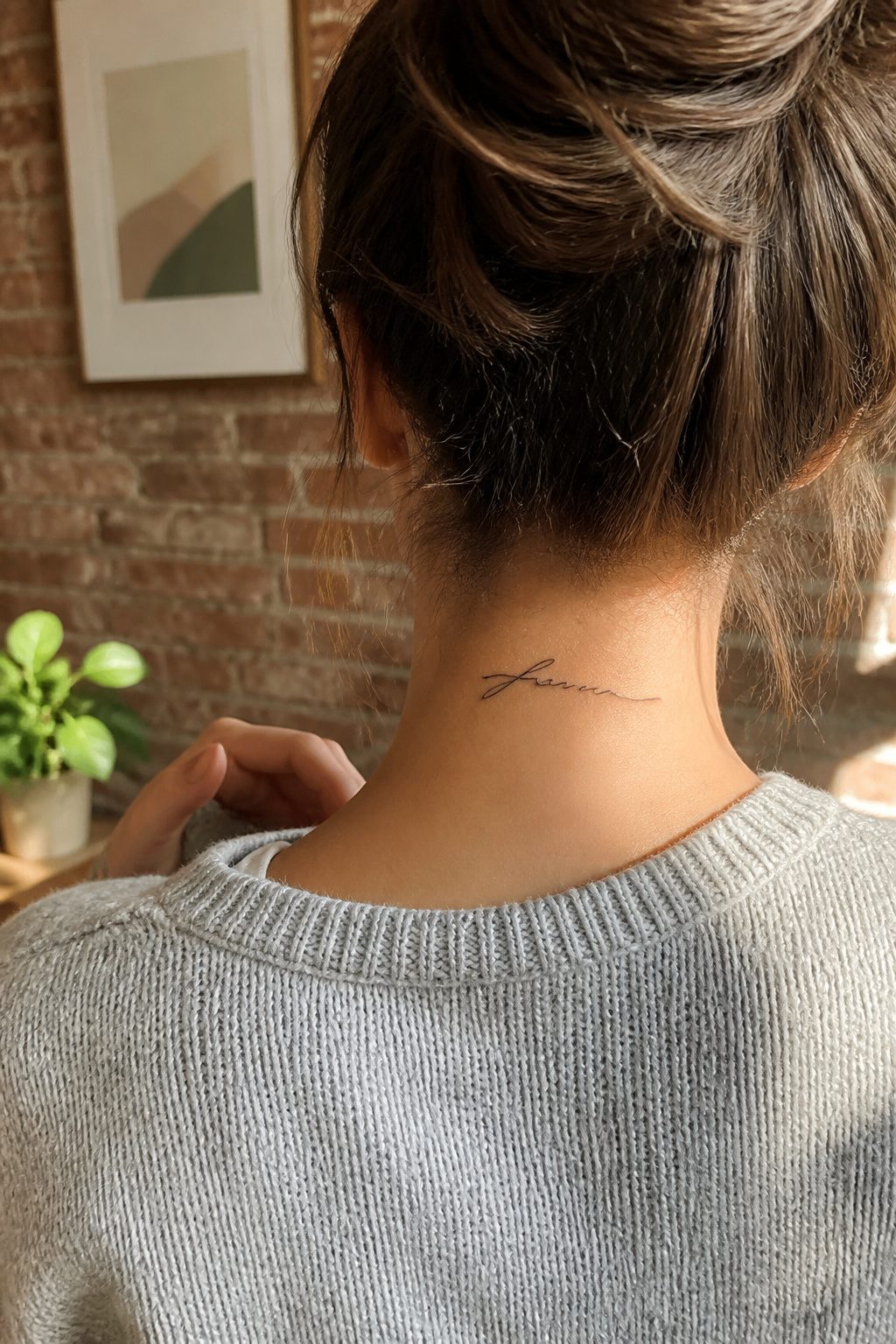 A flowing cursive name tattoo located at the back of the neck.