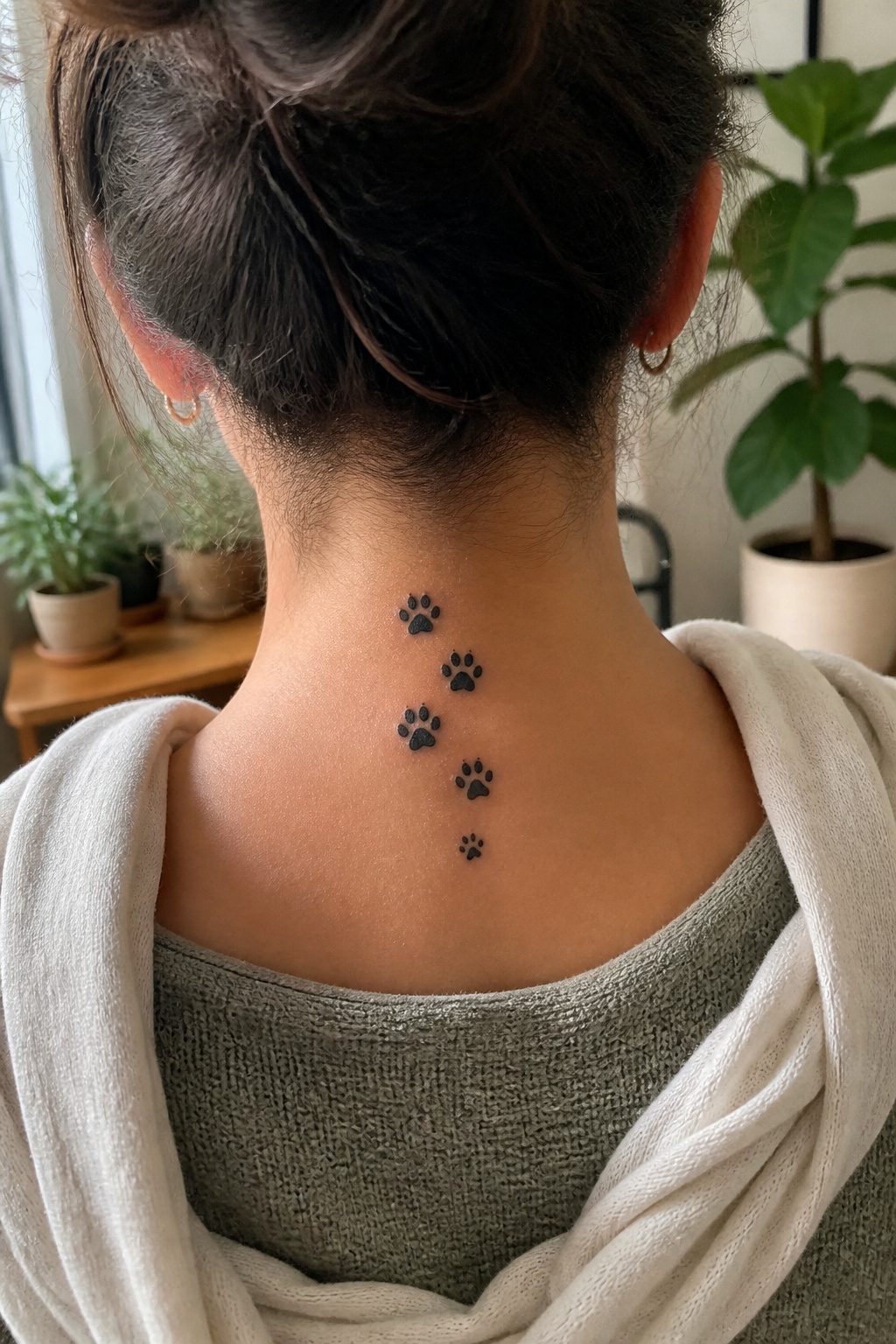 Tattoo of paw prints along the back of the neck.