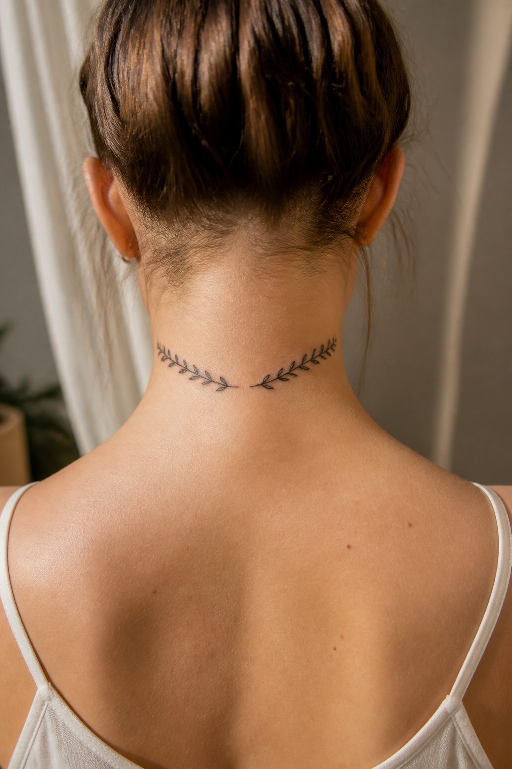 Tattoo of a quote along the back of the neck.