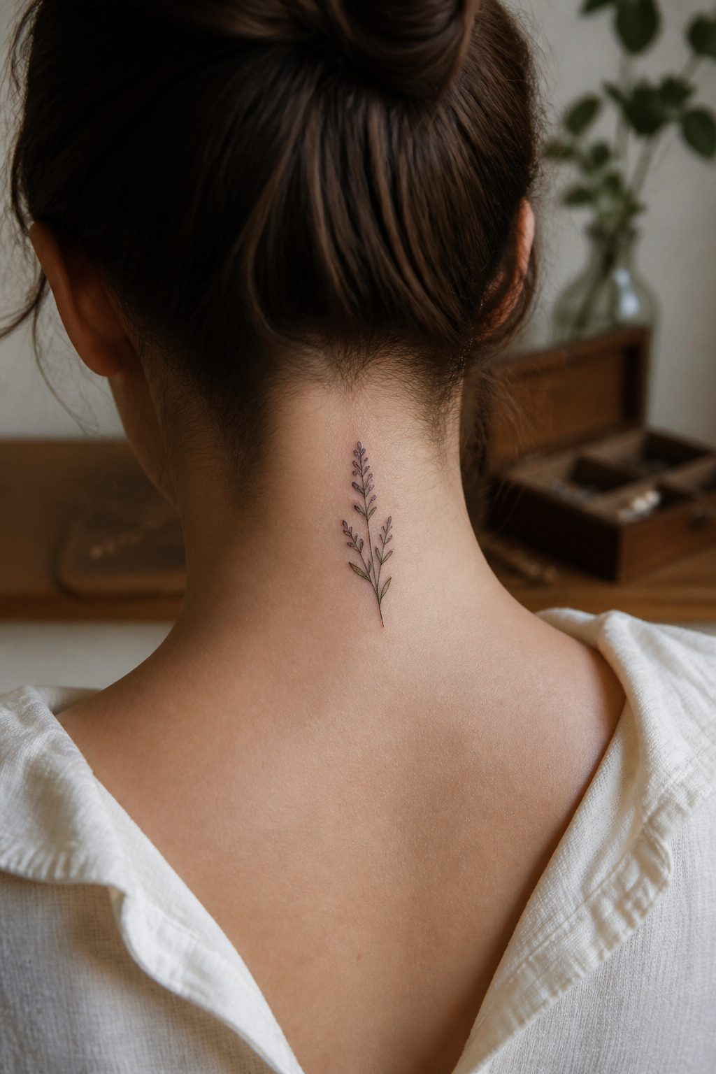 A small floral tattoo at the back of the neck with fine lines.