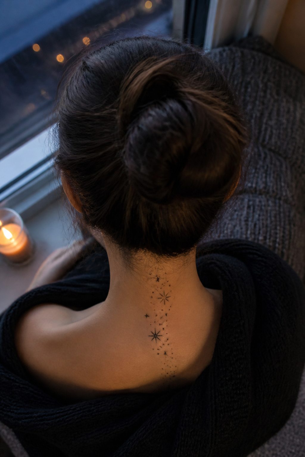 Tattoo of stars aligned along the back of the neck.