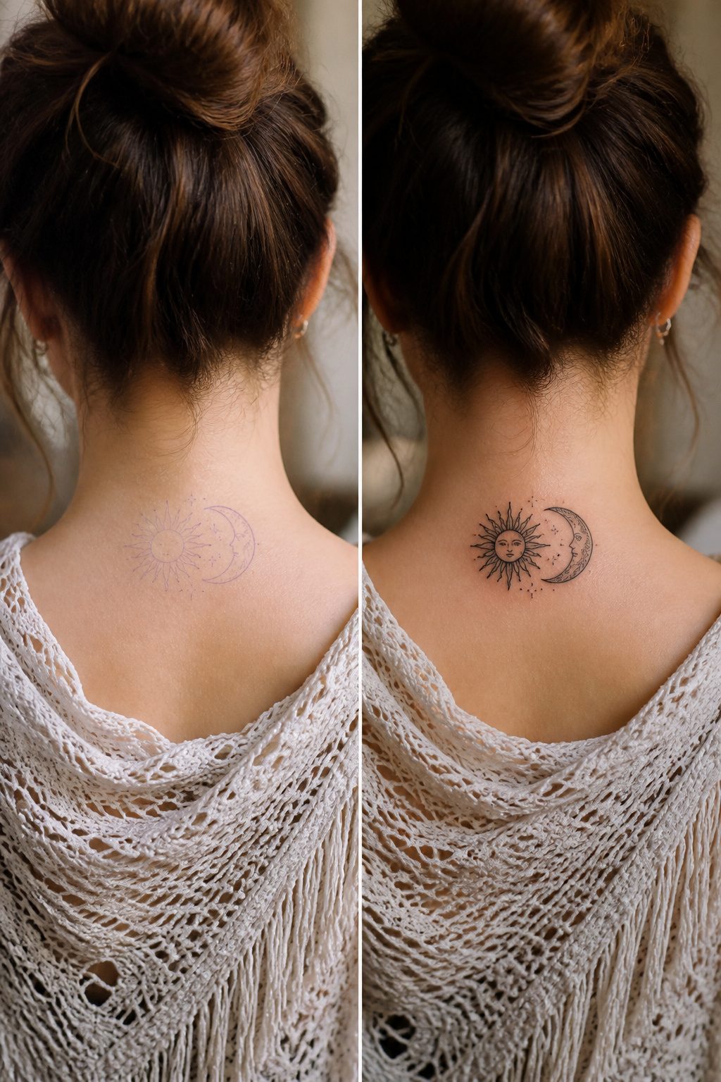 Tattoo of a sun and moon on the back of the neck.