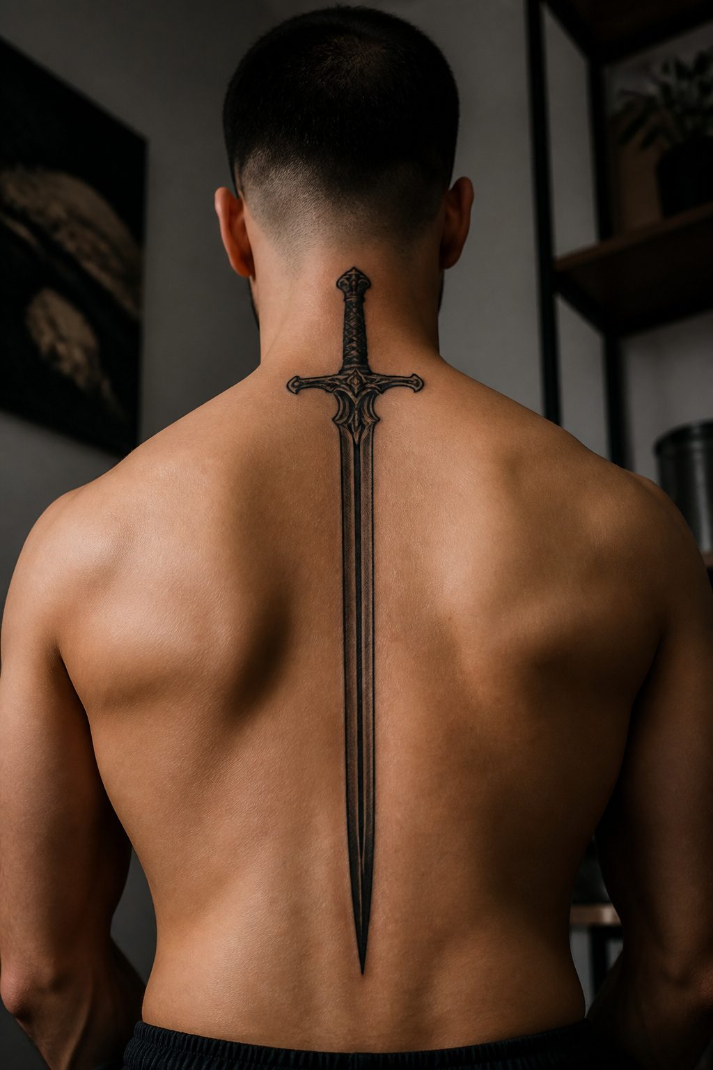 Tattoo of a sword running vertically along the back of the neck.