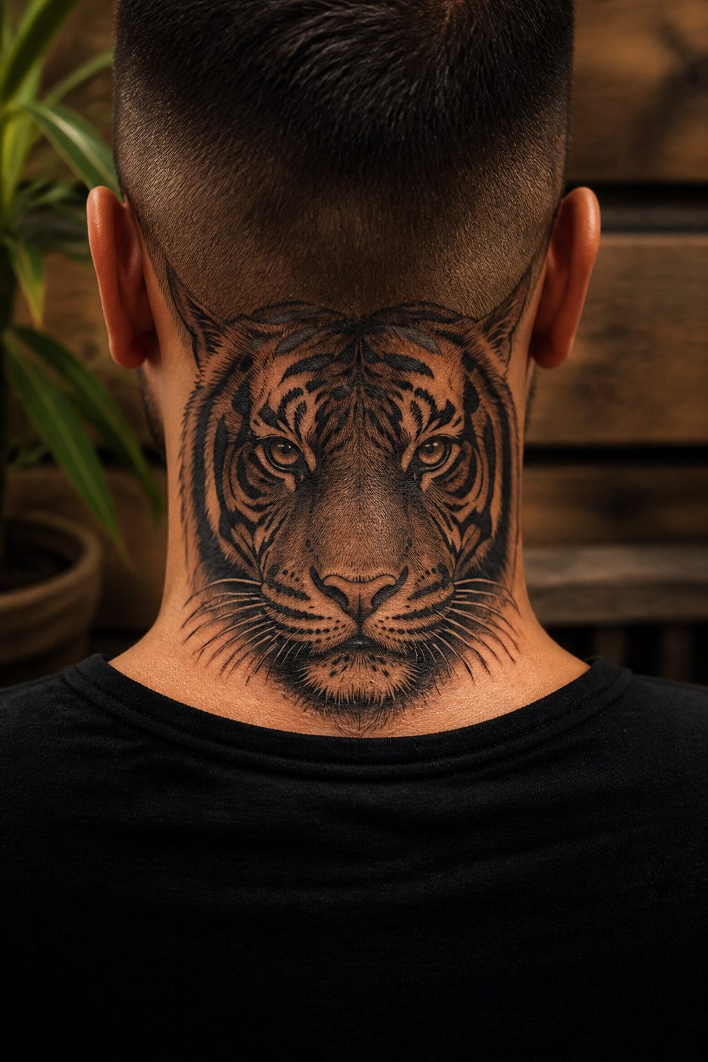 Tattoo of a tiger face located at the back of the neck.