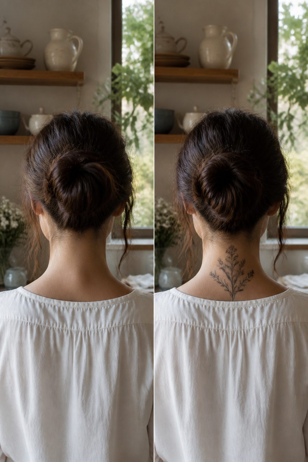 Hair styled to cover a back-of-the-neck tattoo.