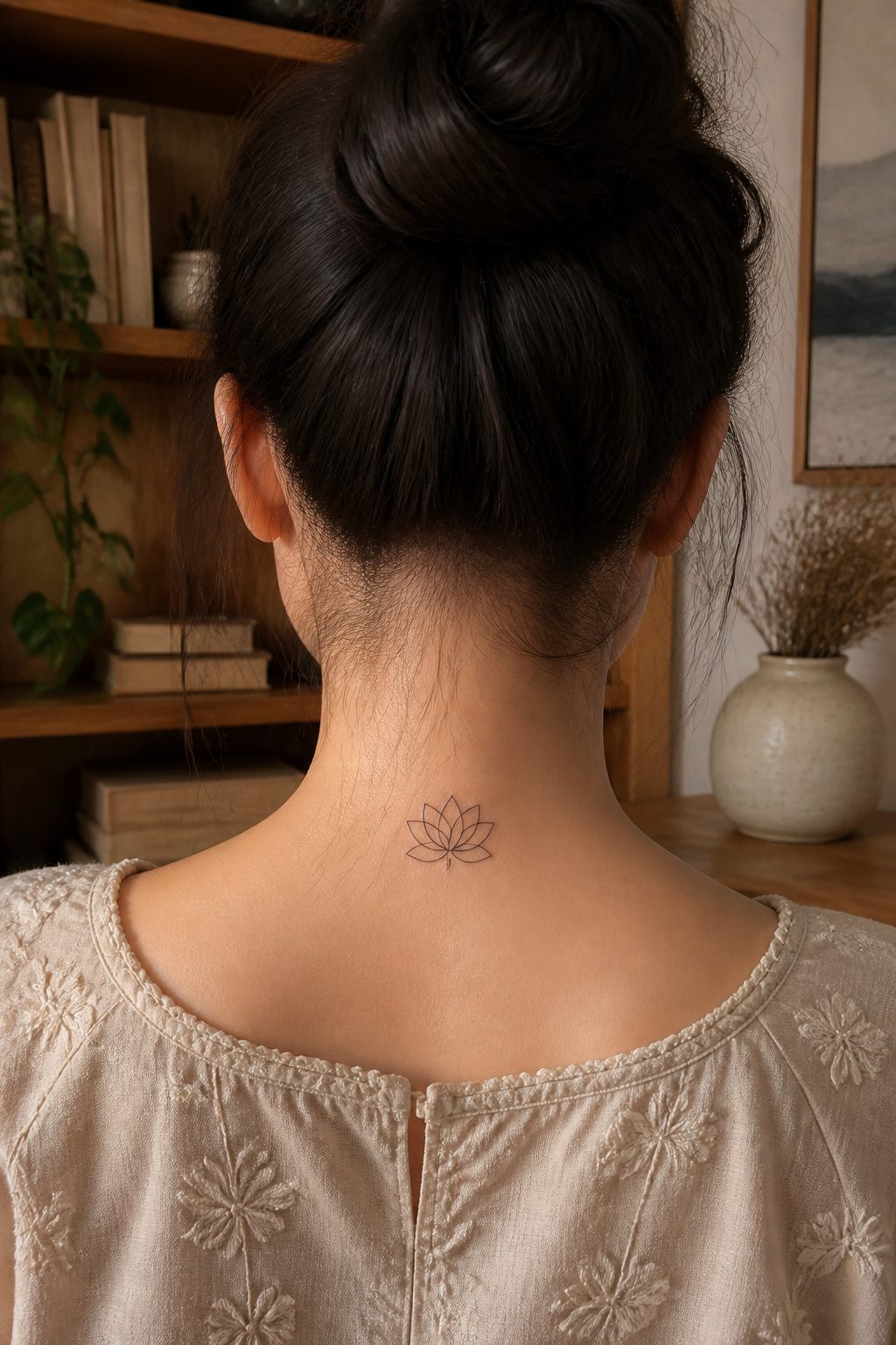 Tattoo of a single word located at the back of the neck.