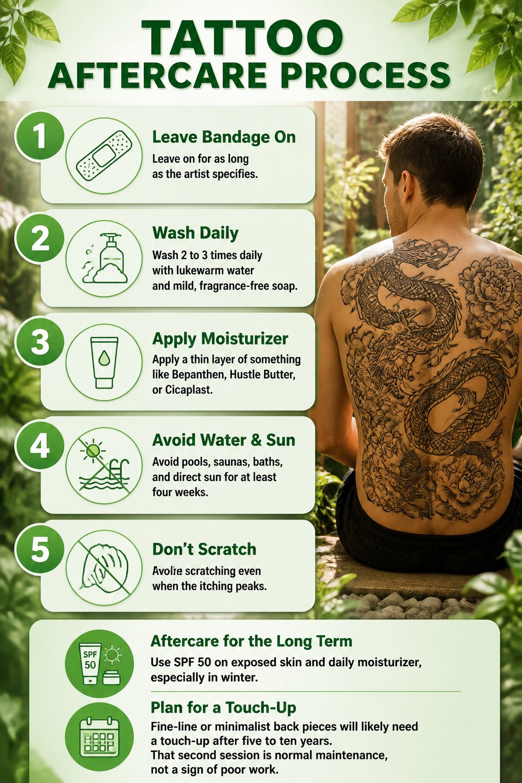7 Back Tattoo Ideas for Women: Floral to Abstract Designs 2026 12 Infographic outlining tattoo aftercare steps for back tattoos.