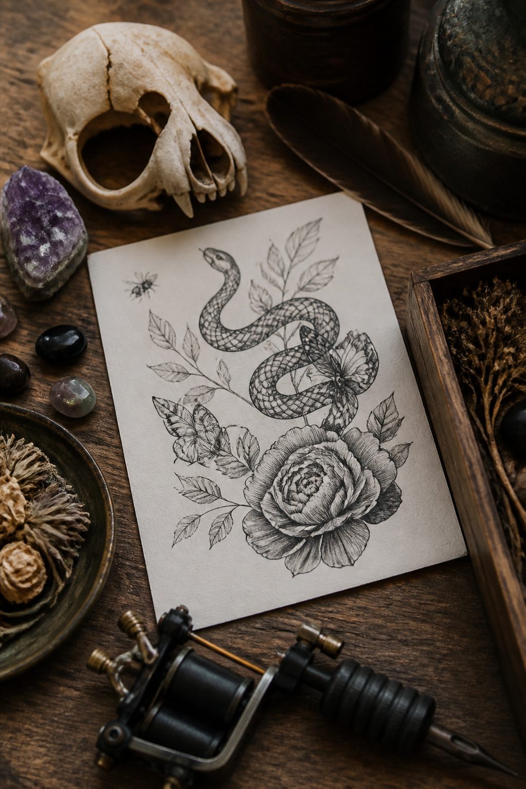 7 Back Tattoo Ideas for Women: Floral to Abstract Designs 2026 3 Still life of objects representing butterfly, koi fish, and dragon tattoos.