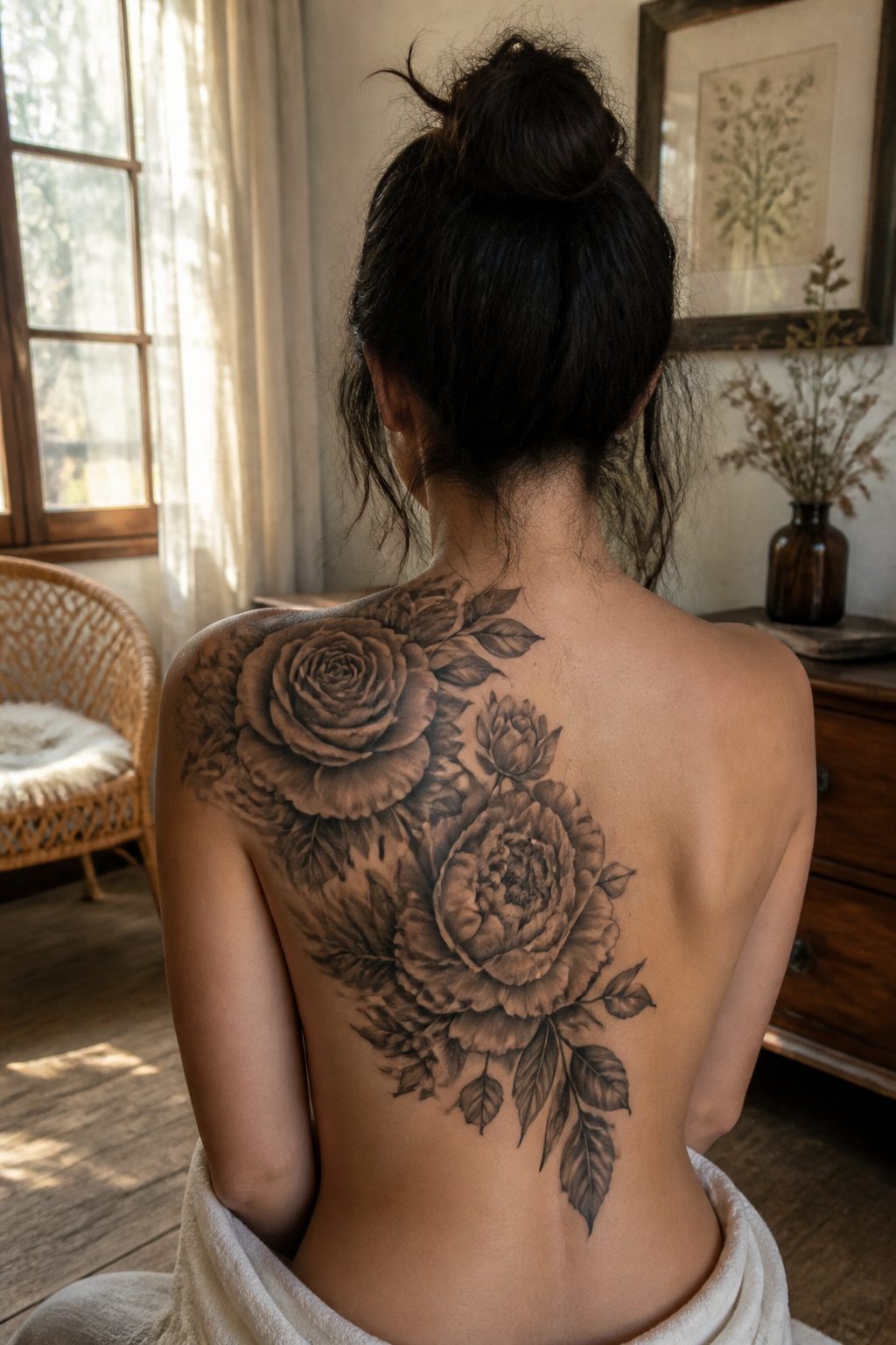 7 Back Tattoo Ideas for Women: Floral to Abstract Designs 2026 1 Black and grey tattoo of roses and peonies on a woman's back.