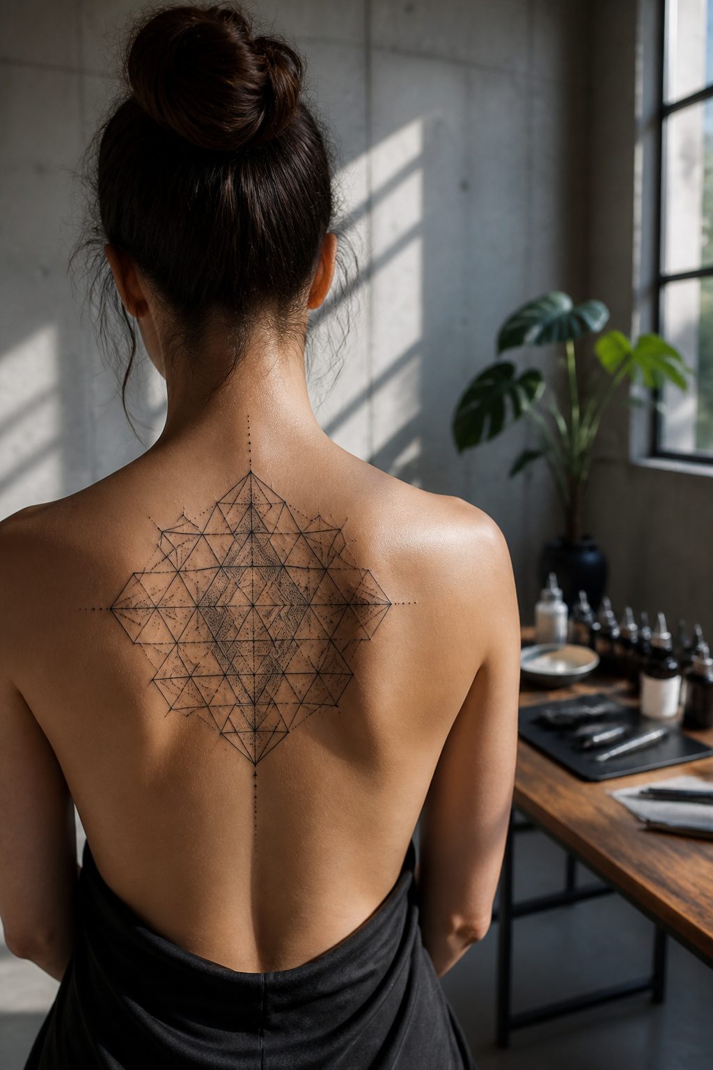 7 Back Tattoo Ideas for Women: Floral to Abstract Designs 2026 2 Geometric tattoo design featuring triangles and hexagons on the upper back.