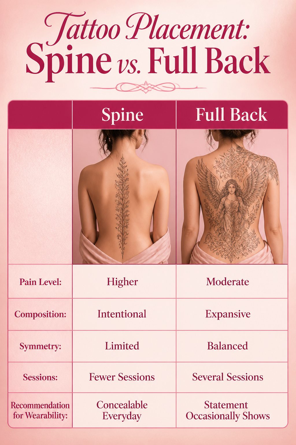 7 Back Tattoo Ideas for Women: Floral to Abstract Designs 2026 9 Infographic showing tattoo placement options on the spine and full back.