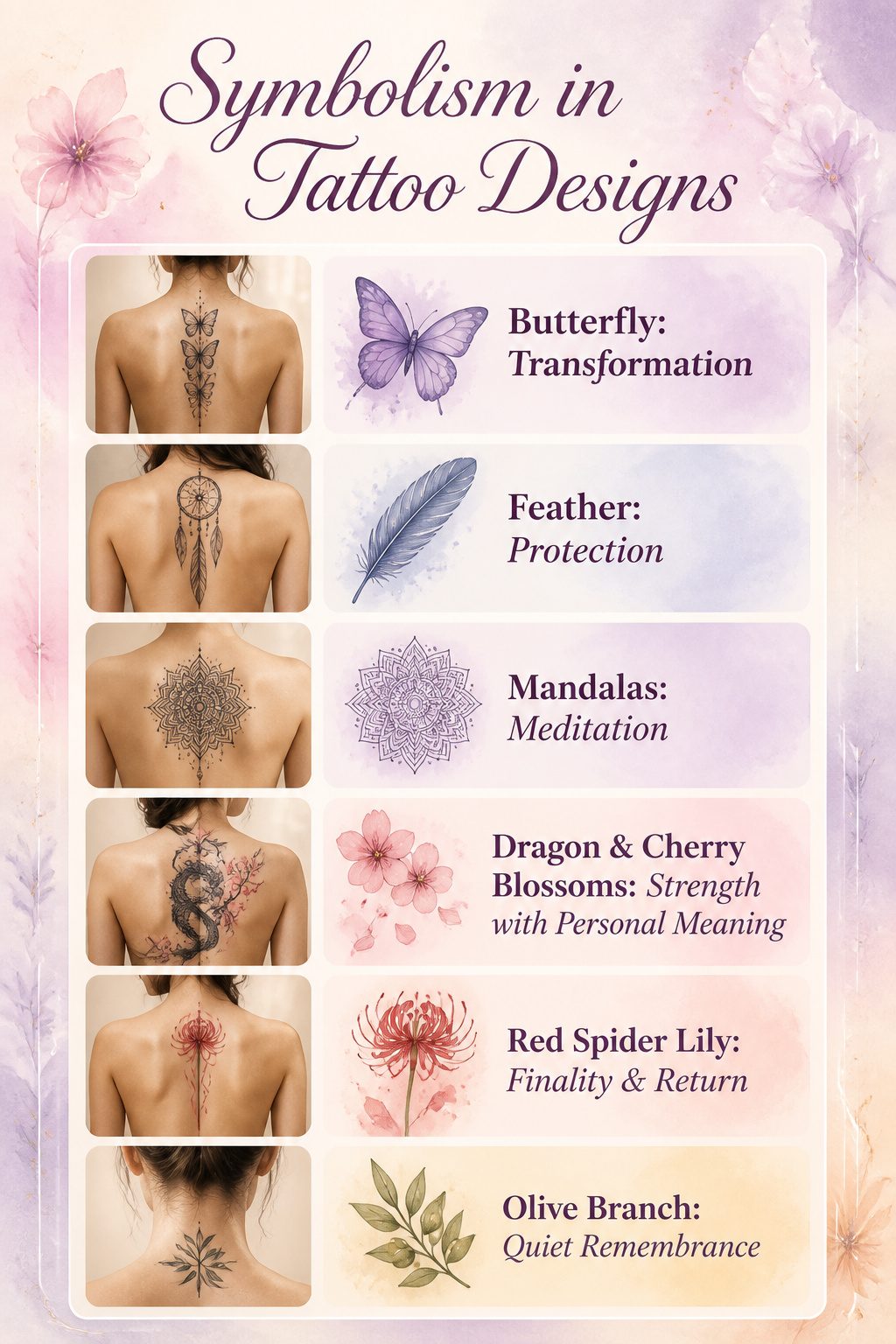 7 Back Tattoo Ideas for Women: Floral to Abstract Designs 2026 11 Infographic illustrating symbolism in various tattoo designs.